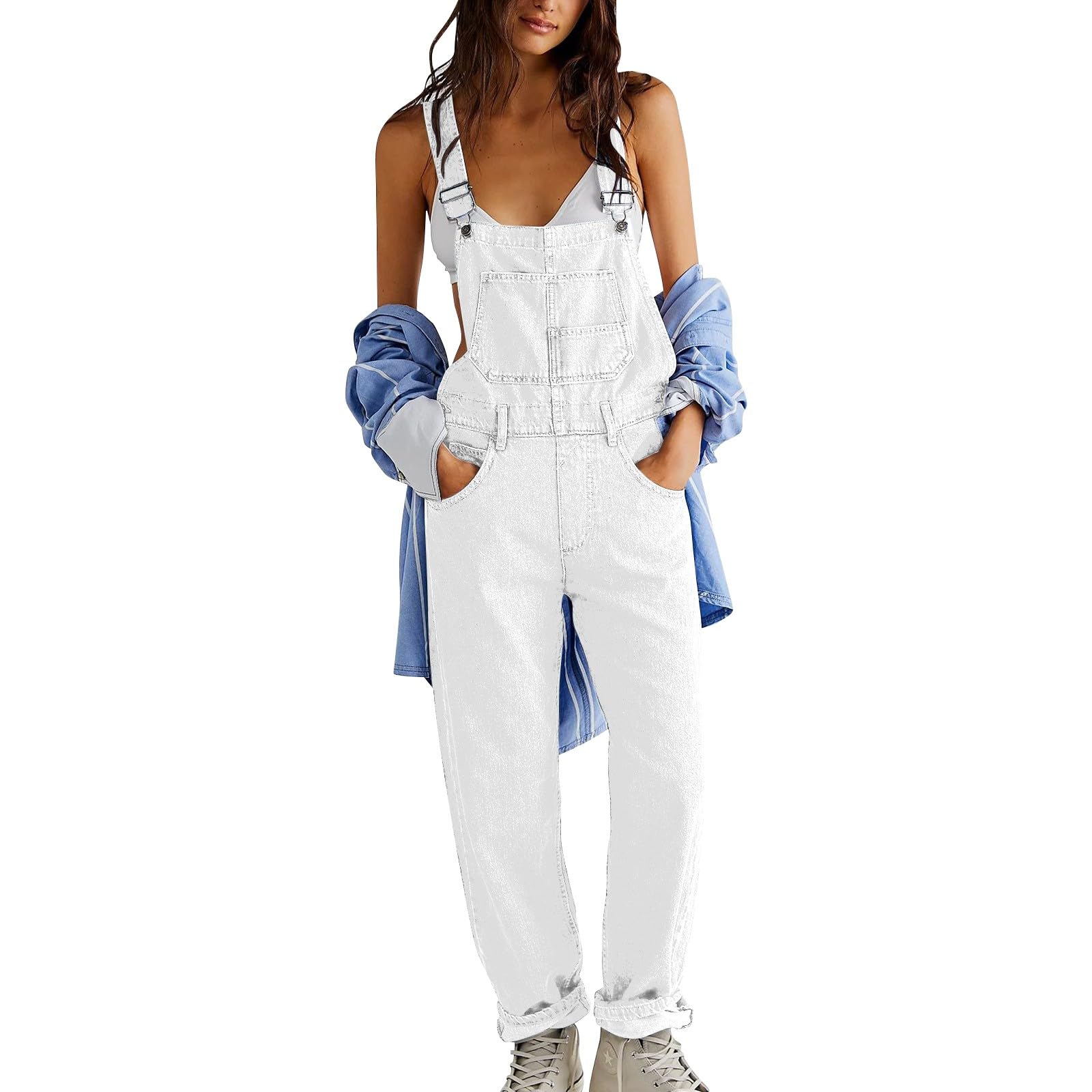 Tuta casual da donna in denim, vestibilità ampia, con spalline regolabili, salopette jeans affusolate con tasche, classica e ampia, con pettorina elasticizzata