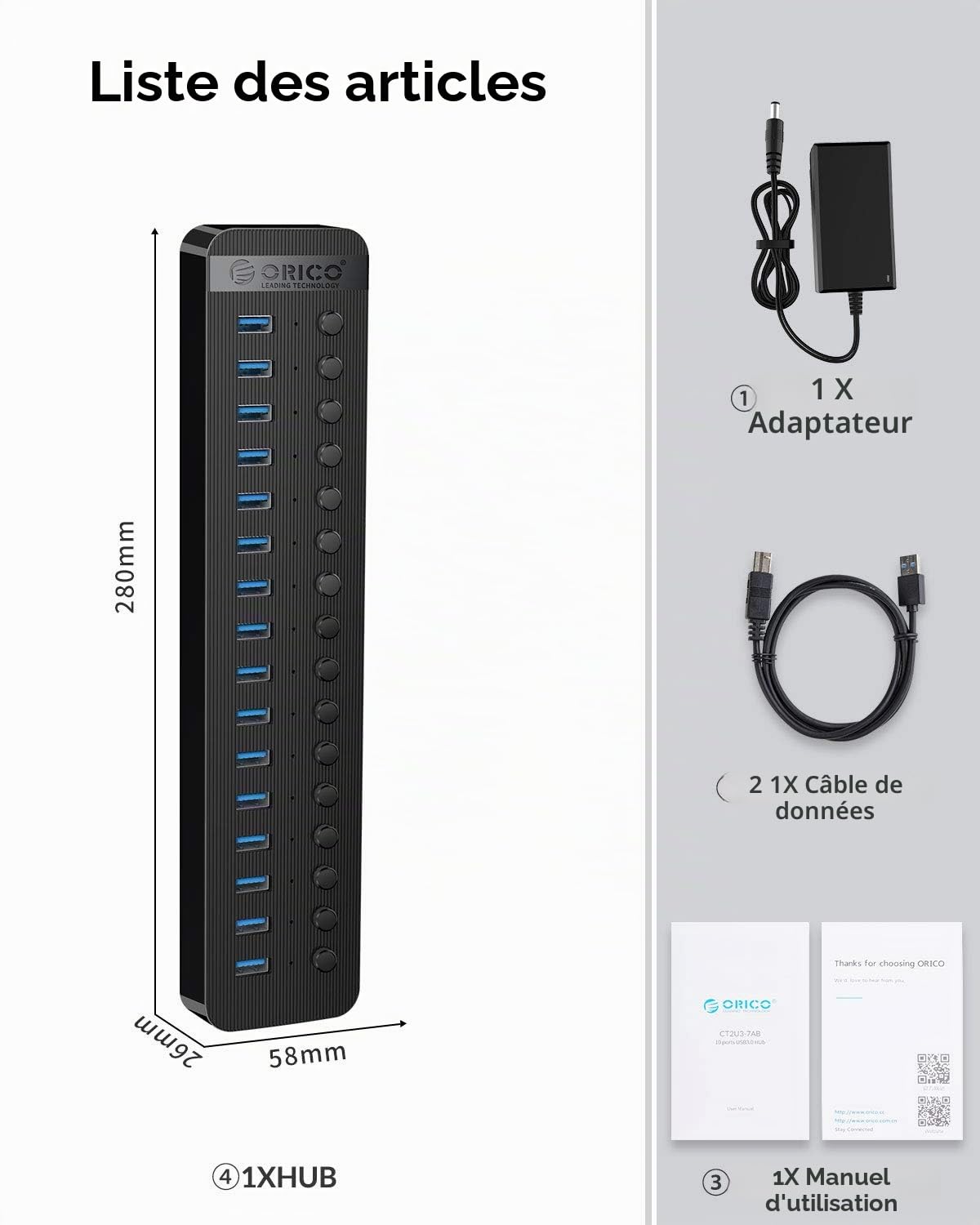 ORICO Hub USB 3.0 Alimenté 16 Ports 78W Multi USB Hub, Aluminium Commutateurs Individuels et 12V/6.5A Adaptateur Alimentation avec Desktop Computer, PC, iMac, Mobile HDD, Flash-Laufwerk, aufladeniPad
