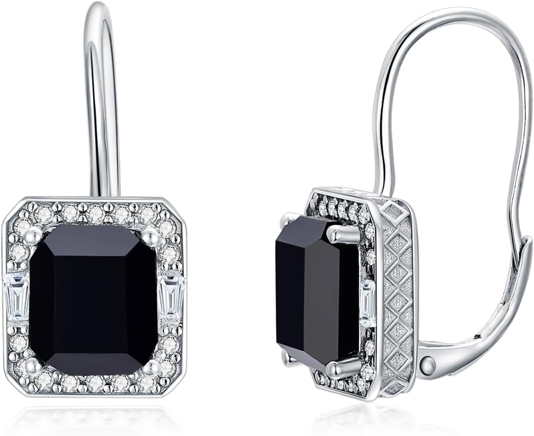 Black Onyx Leverback Earrings 925 Sterling Silver Vintage Classic Halo Earrings with 9mm Emerald Cut Genuine Black Onyx Jewelry Gifts for Women