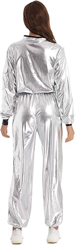 Miniatura 2 de Sywiyi Disfraz de astronauta para adultos, para mujeres y hombres, con cremallera metálica brillante, traje espacial plateado