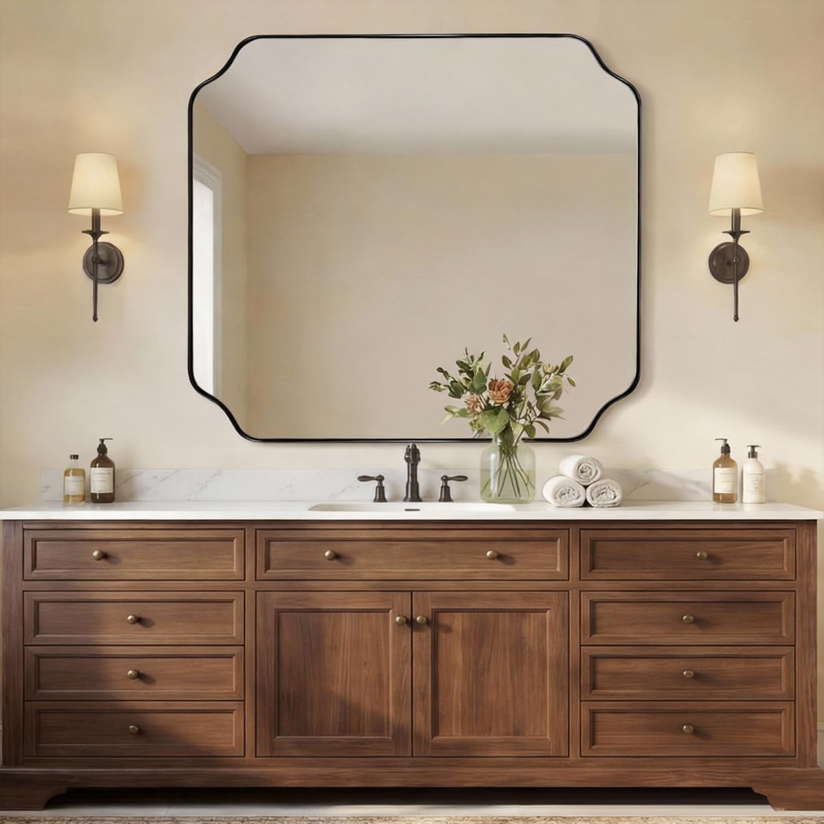 ANDY STAR 36x40 Inch Bathroom Mirror, Large Black Vanity Mirror for Wall, Modern Scalloped Mirror in Premium Stainless Steel Metal Thin Frame, Unique Rounded Notched Corners, Vertically/Horizontally