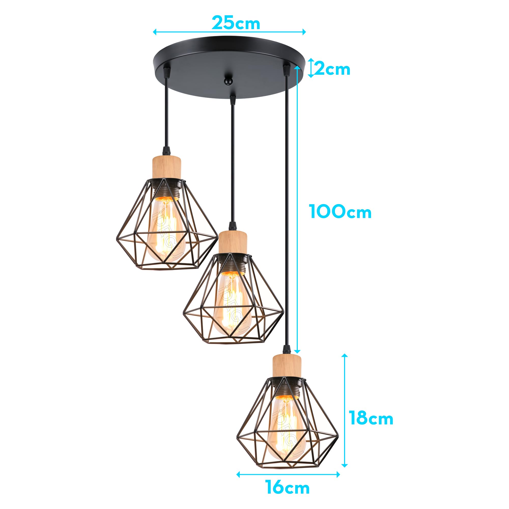 iDEGU 3 Lampes Suspension Luminaire Industrielle Métal Bois Lustre Plafonnier Style Cage Géométrique Éclairage E27 Lampe de Plafond Vintage pour Chambre Salon Cuisine, Noir, Ø 16cm (Cercle)