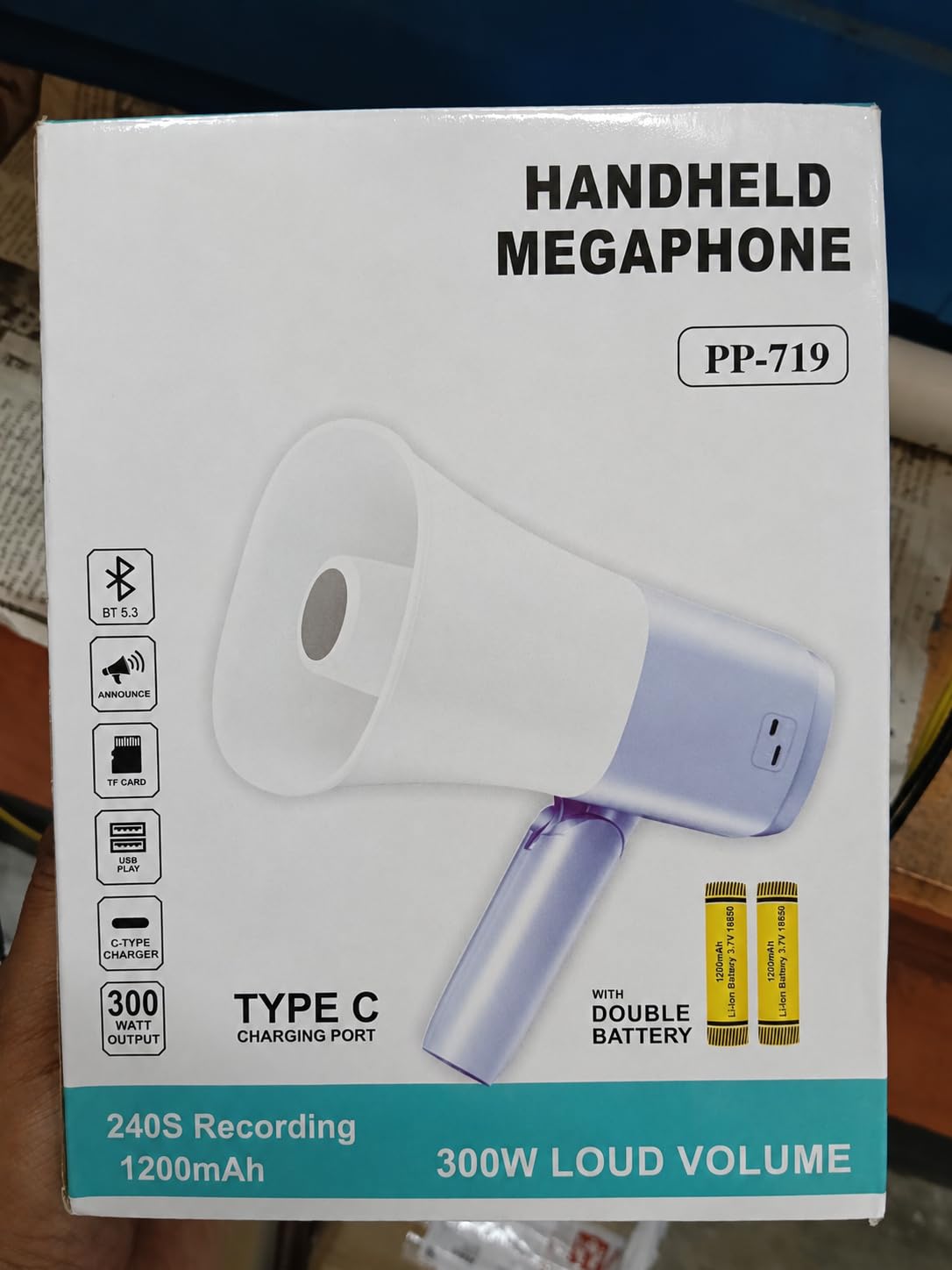Megaphone, 300W Loud Volume, 1200mAh, 240S Recording, Bluetooth 5.3, Type C Charging, Double Battery Pack of 1 Any-image-25