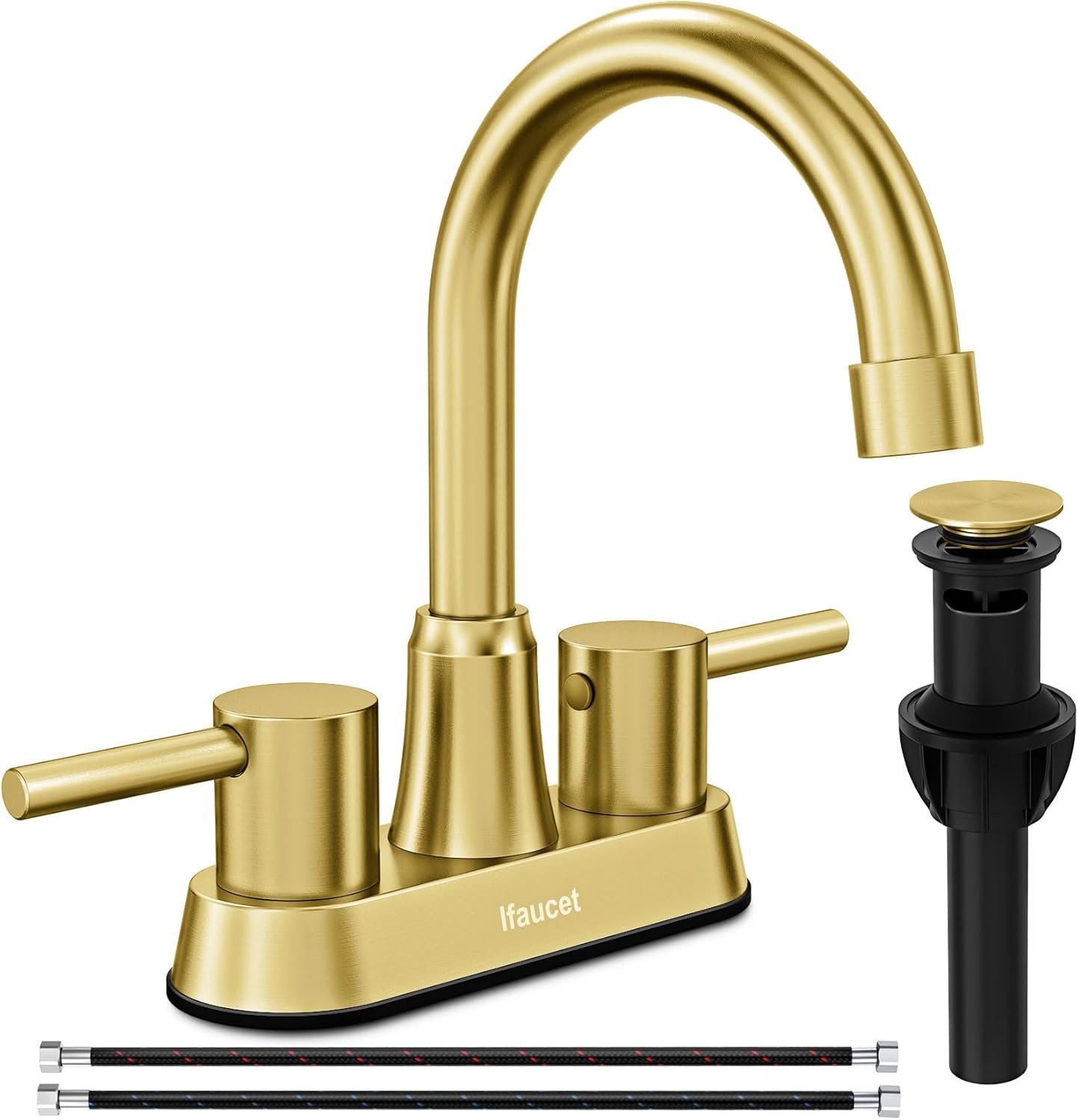 Gold Bathroom Faucet, Brushed Gold Bathroom Faucet, Gold Faucets for Bathroom Vanity, 4 Inch 2 Handle Centerset, Lead-Free, with Copper Pop Up Drain (Brushed Gold)