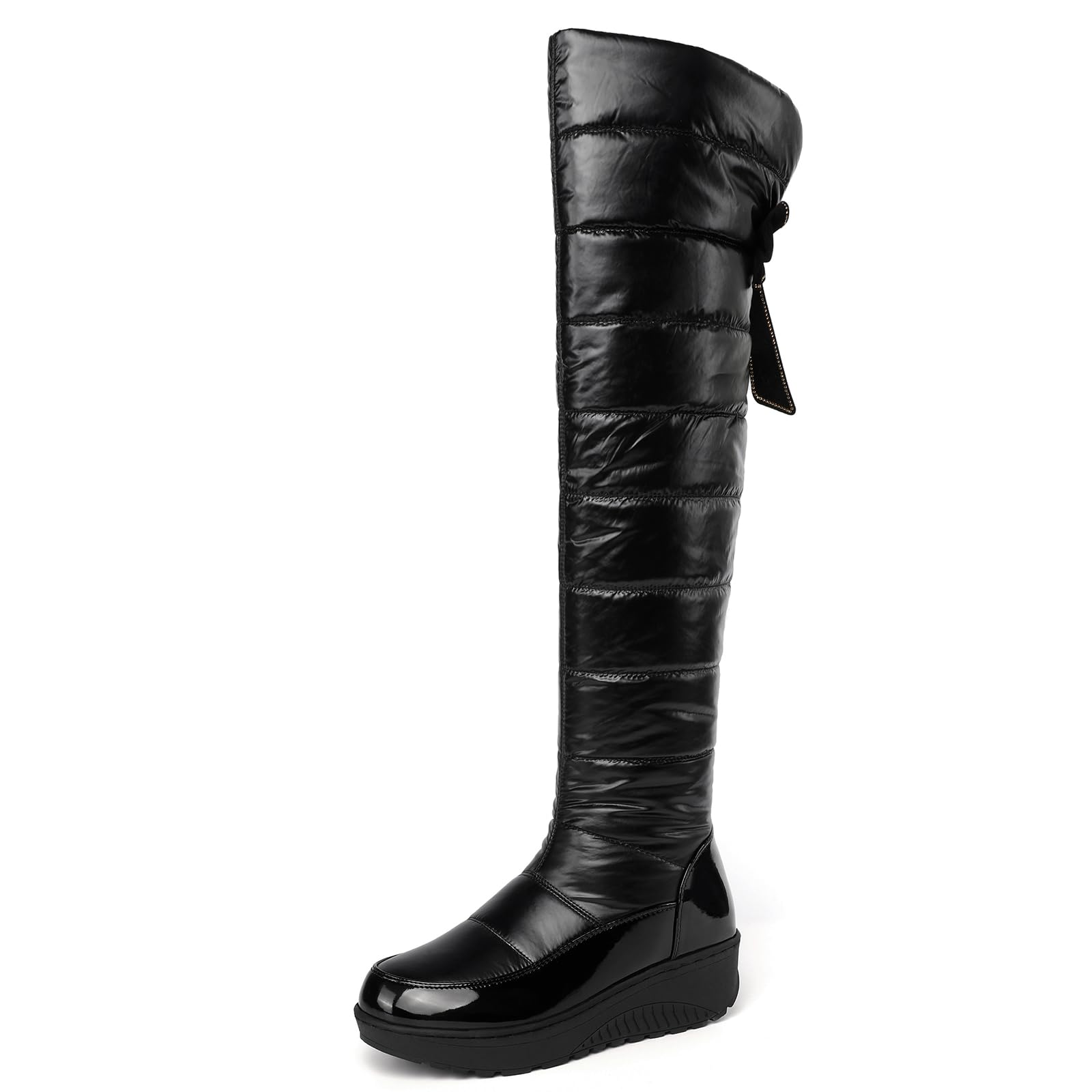 Womens Winter Pull On Side Zipper Bowknot Snow Boot Mid Heel Solid Knee High Boots