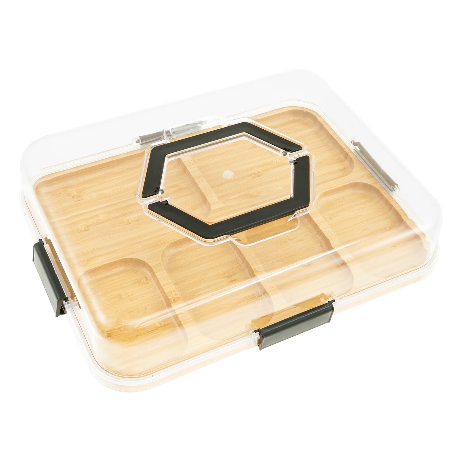 Charcuterie Board with Clear Locking Lid, Bamboo Cheese Board and Serving Platter with Handle, Multi-Compartment Snackle Container for Picnic, Party, Gatherings & Housewarming Gifts(6 grid)