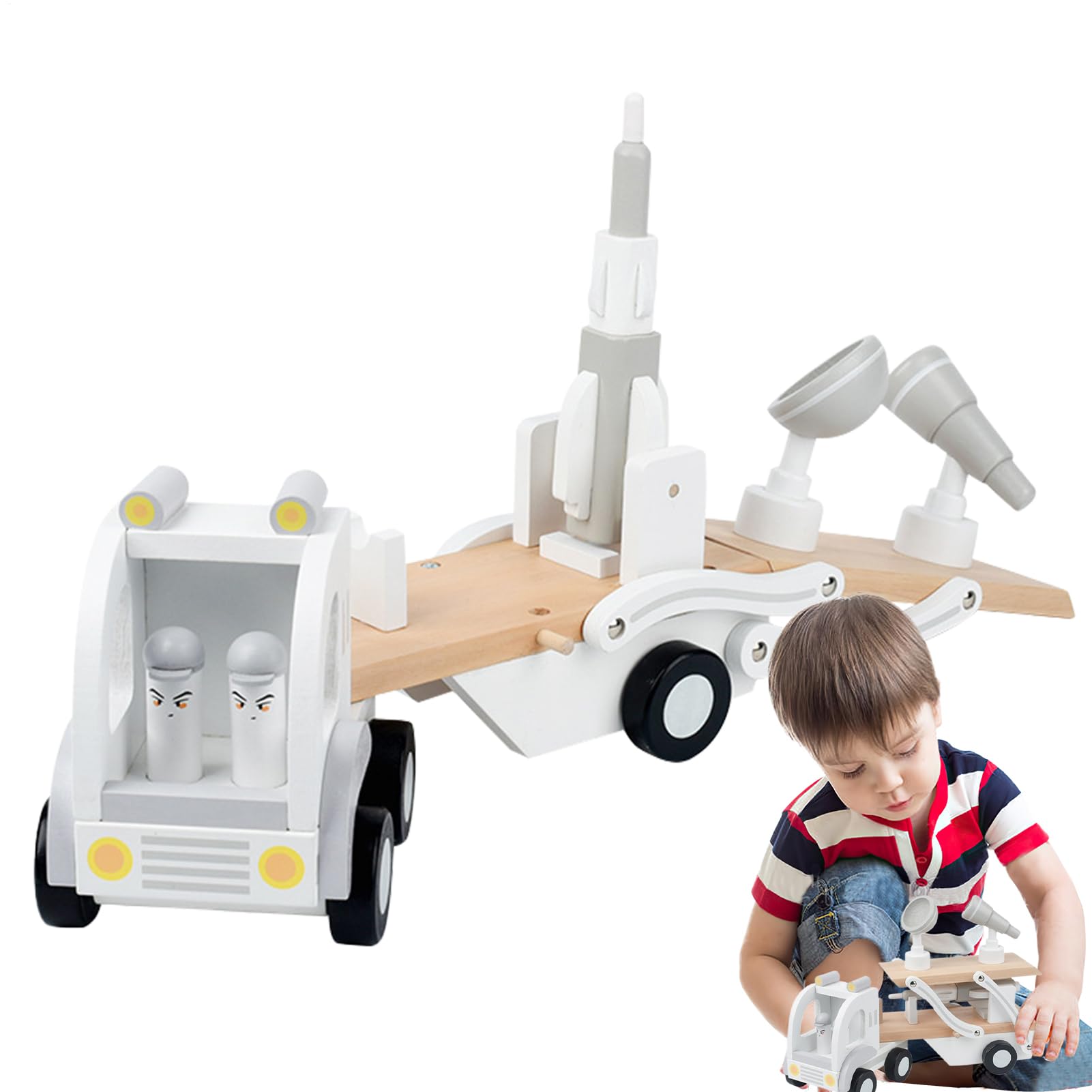 Camión Transportador Modelo de Transporte de Cohete de Madera Desmontable | Juguete De Remolque De Coches para Niños y Niñas y Juegos de Cumpleaños y Vehículos