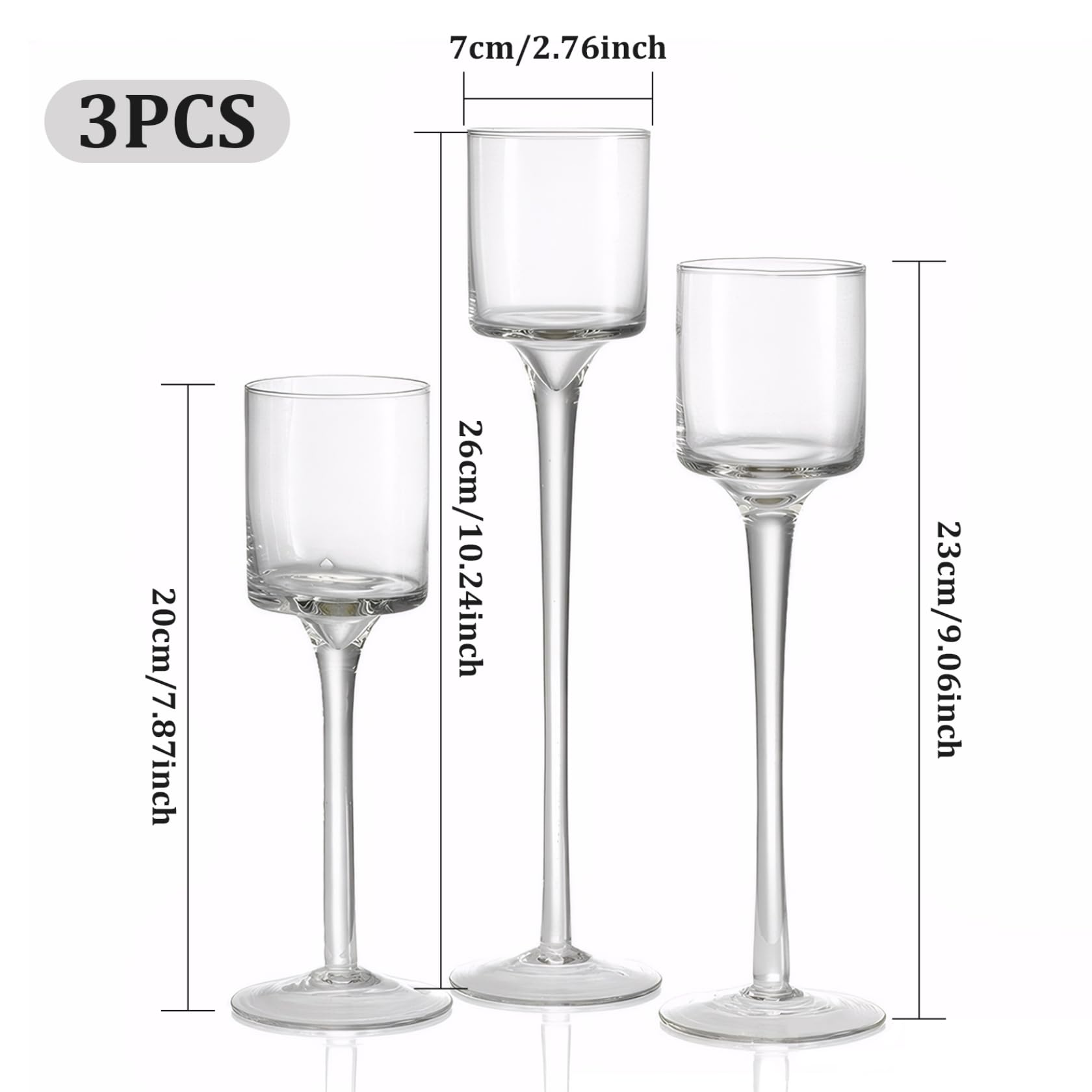 Portacandele Alto da 3 Pezzi, Portacandele a Stelo Lungo in Vetro Trasparente per Candele a Colonna, Galleggiante Calice Elegante per Matrimoni, Centrotavola per Incontri.