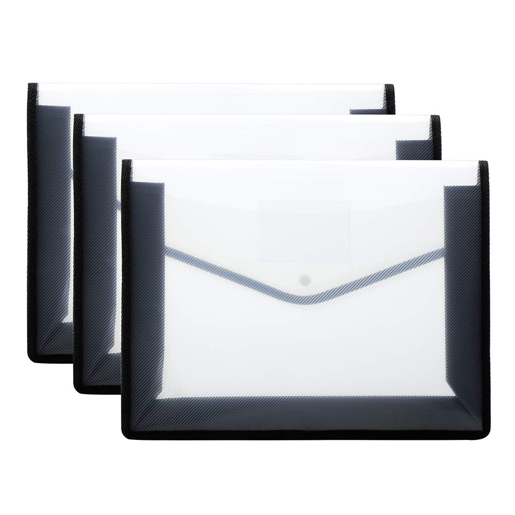 Beliky 3 Black Clear File Envelopes Organizers Bags, Plastic Waterproof