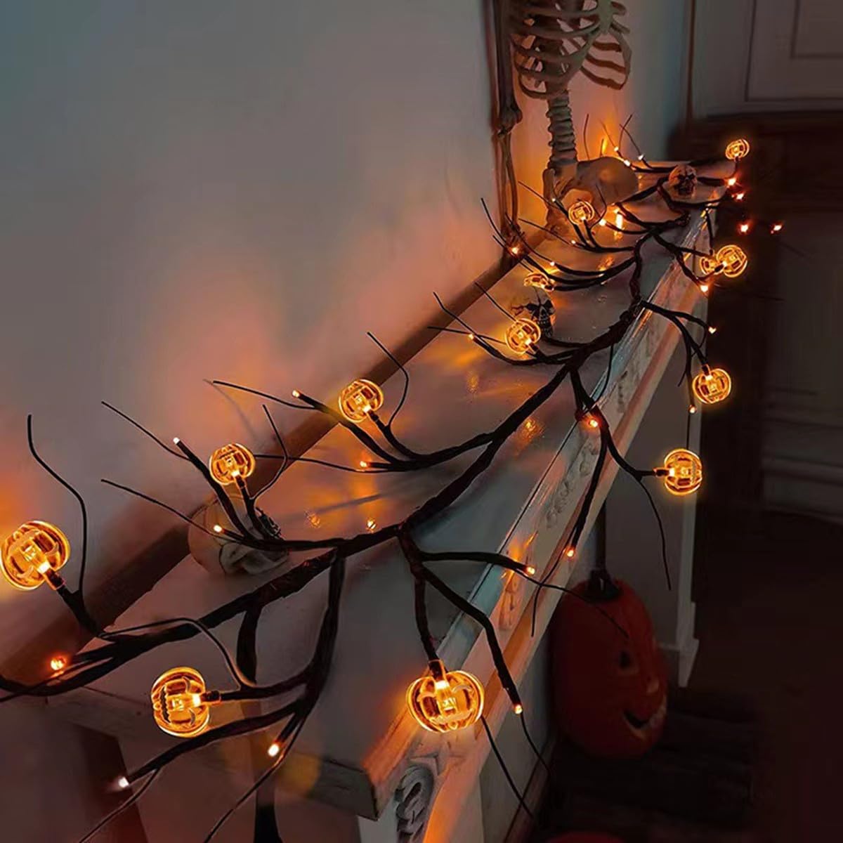 Lampe aus Weidenrattan, LED-Lichterkette, 8 Modi, batteriebetrieben, mit Timer für die Weihnachtswanddekoration zu Hause (Kürbis 54 LED)