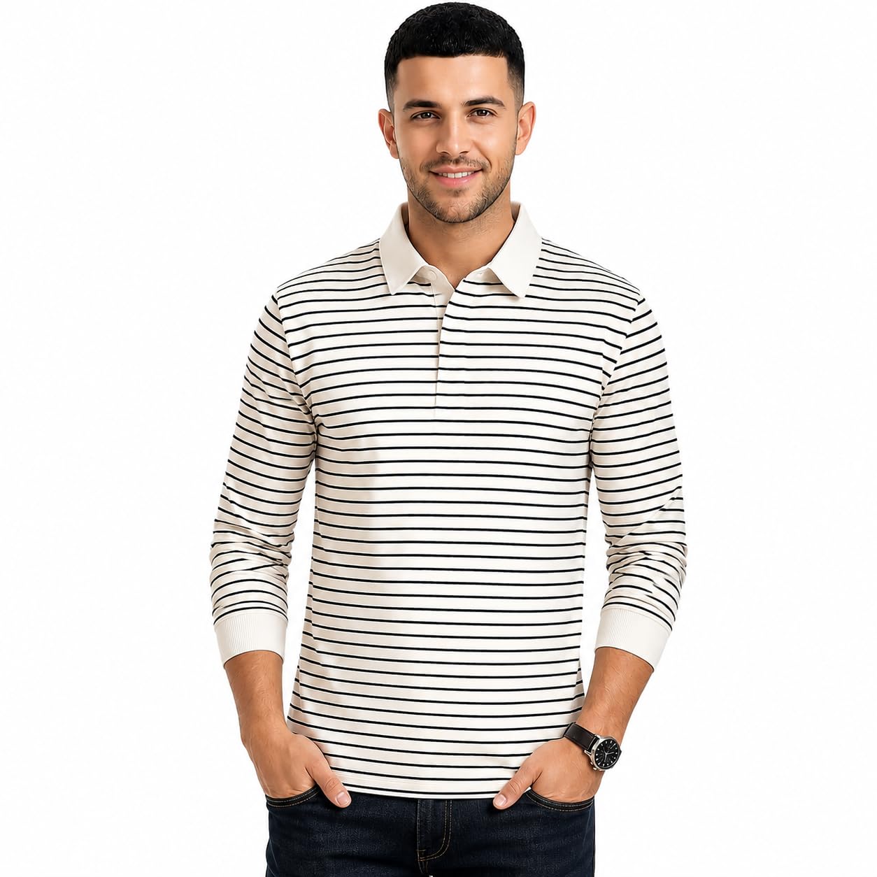 Men's Striped Polo T-Shirt | Full Sleeve Cotton Blend Casual Collar T-Shirt for Men | Regular Fit | White & Black Horizontal Stripe Knit Polo | Smart Casual Everyday Wear-image-11