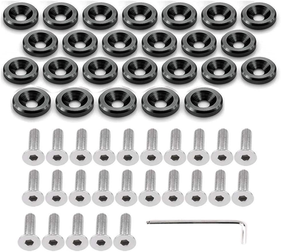 STETION 25 Pcs Fender Bumper Washer Bolt 6061 T6 Grade M6x20mm CNC Finishing Washer Engine Bay Dress Up Fastener Kit (Black)