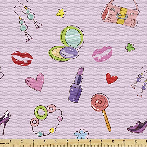 Ambesonne-Cartoon-Fabric-by-The-Yard-Girls-Illustration-with-Fashion-Accessories-and-Makeup-Lollipop-Flower-Print-Decorative-Fabric-for-Upholstery-and-Home-Accents-1-Yard-Pink-Purple