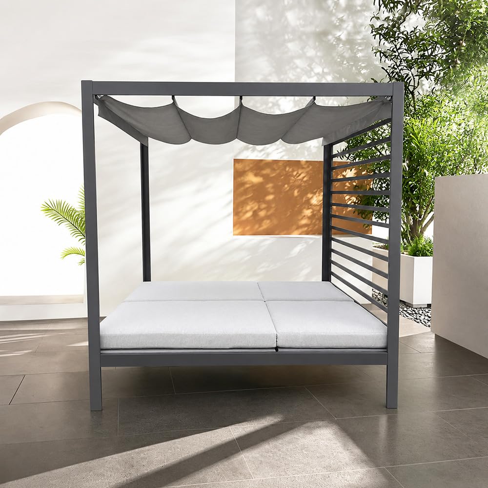 Lit de Jardin MATALA Gris 208x188 cm Dossier Inclinable et Toit