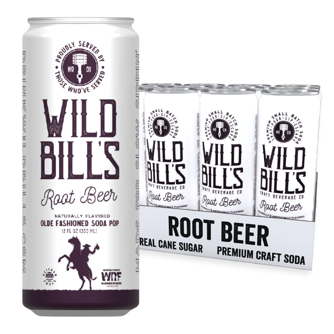 Wild Bill's Classic Root Beer Soda Classic Craft Soda Pop Soft Drinks, Sodas Made with Pure Cane Sugar, Caffeine Free, NO High Fructose Corn Syrup, Gluten Free, Vegan, Low Sodium, 12 Oz 12 Pack
