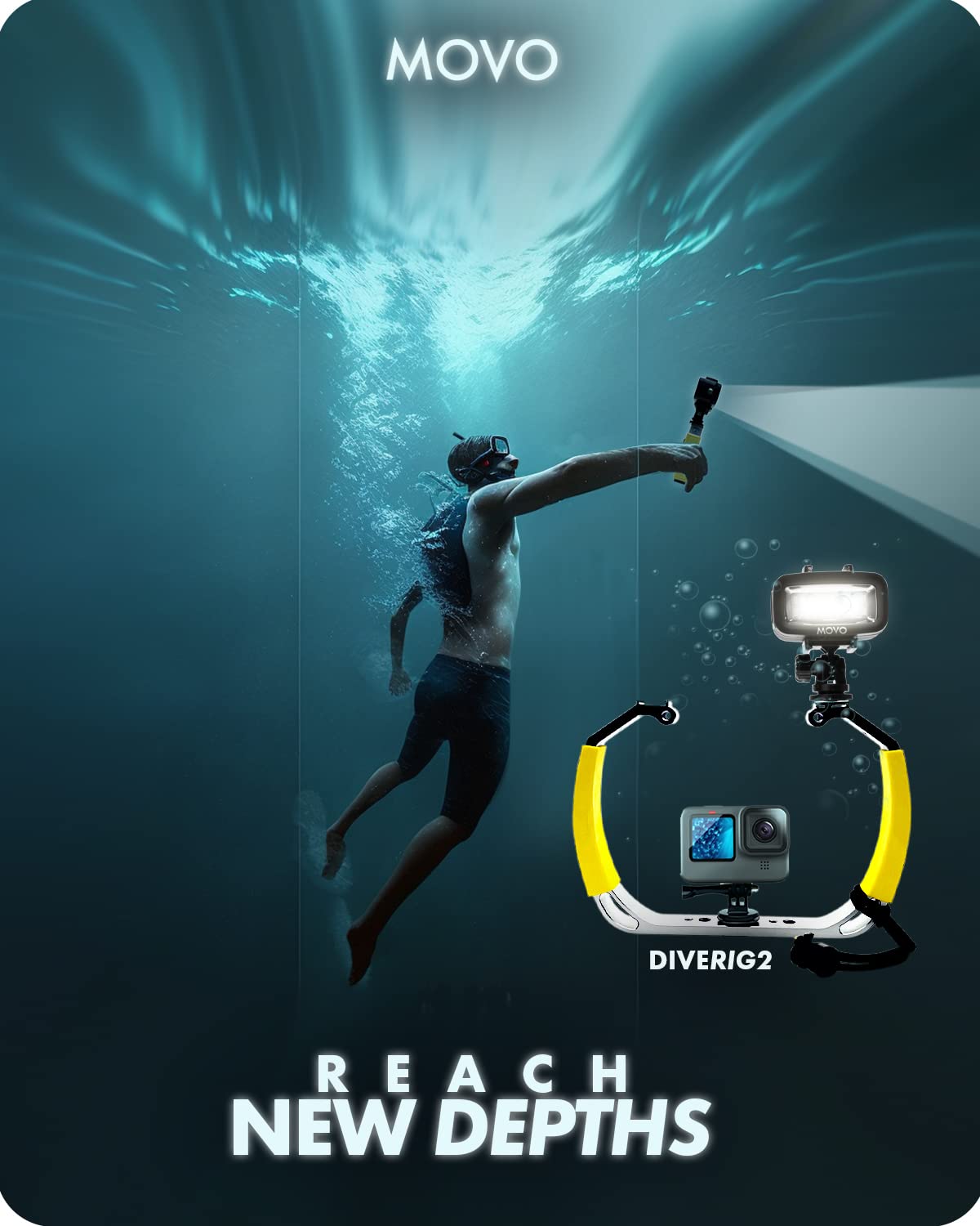 Movo DiveRig2 XL Taucher-Rig Bundle mit wasserdichtem LED-Licht – kompatibel mit GoPro HERO, HERO5, HERO6, HERO7, HERO9, HERO10 und wasserdichter Action-Cam – Scuba-Zubehör für Unterwasserkamera