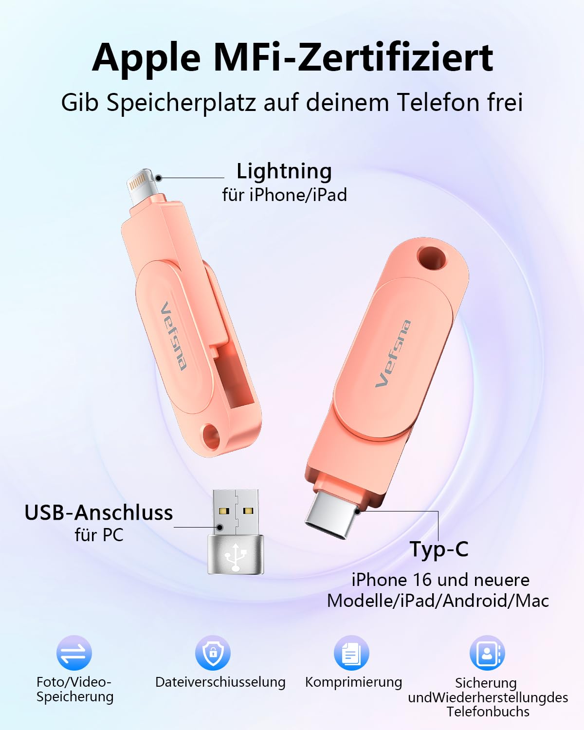 (Ohne APP) Vefsna MFi Zertifizierter USB Stick 512G für iPhone, 3 in 1 iPhone Fotostick, Speicherstick USB- Flash-Laufwerk, Externer Speichererweiterung,USB C Stick für iPhone/iPad/Android/PC/Mac