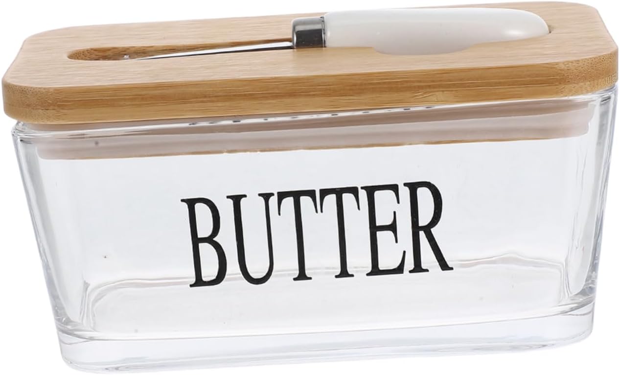 Butter Storage Dish Box Bamboo Lid Knife Holder Airtight Seal Butter Container for Fridge
