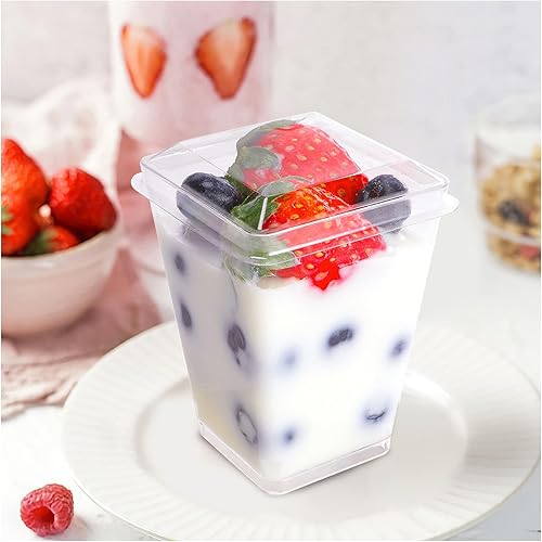 Miniatura 4 de EASERCY Paquete de 100 tazas de plástico de postre de 5 onzas con tapas, tazas de parfait con tapas, tazas de aperitivo para fiesta, mini tazas de