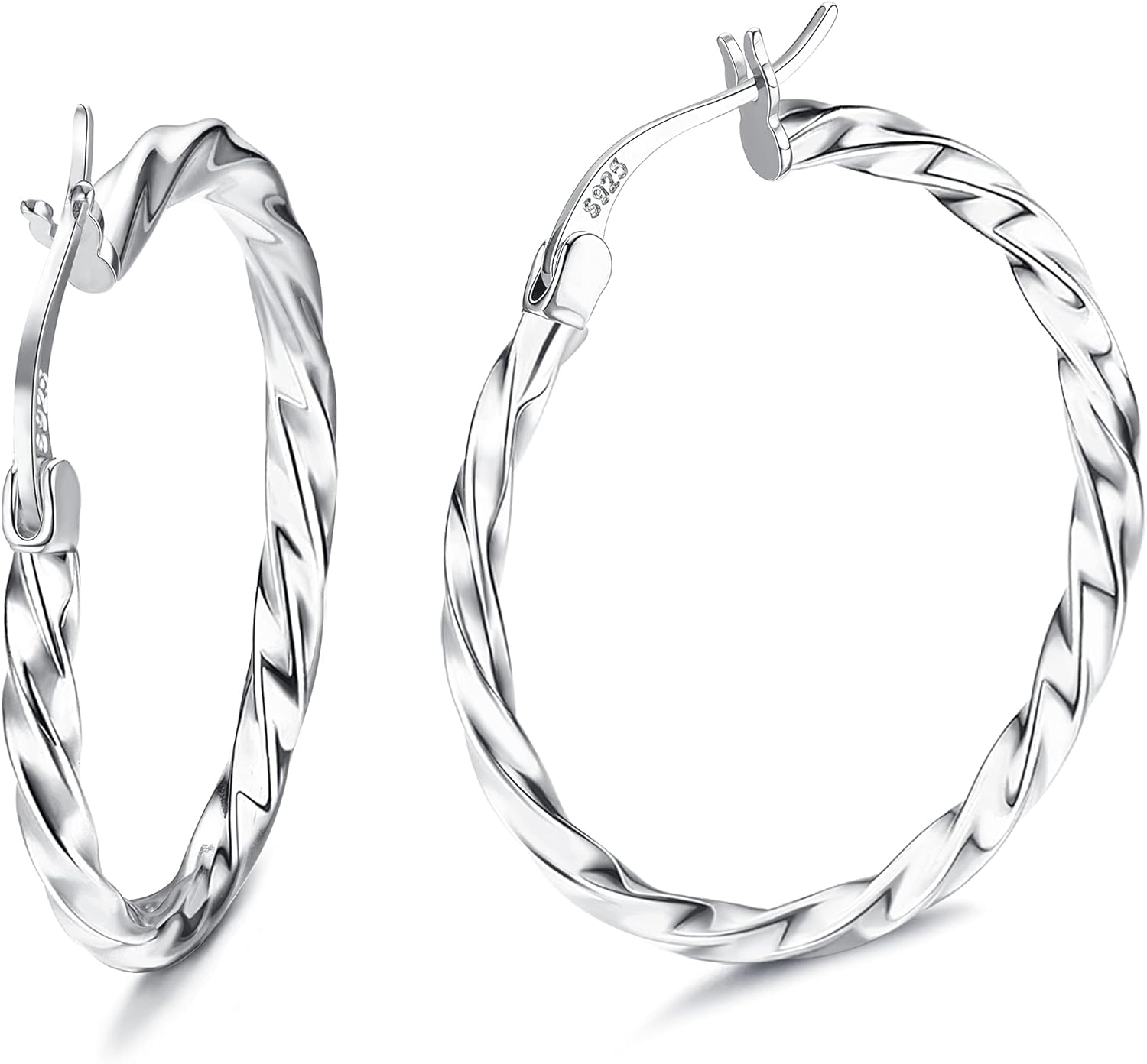 Milacolato 925 Sterling Silver Hoop Earrings for Women 18K White Gold Plated Twisted Hoop Earrings Hypoallergenic Lightweight Click-Top Big Hoop Earrings 13/15/20/25/30/40/50/60mm