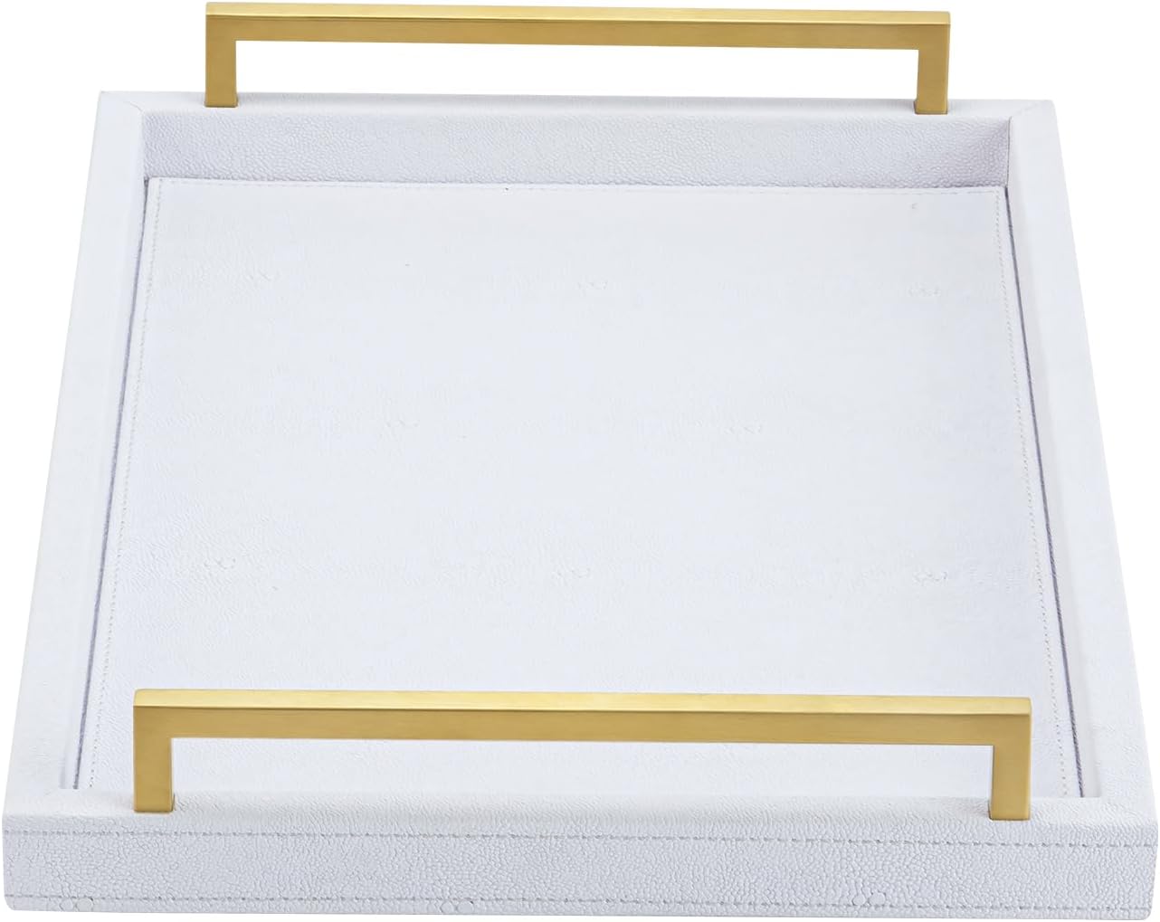 XIGEXIGE White Decorative Tray for Bathroom,Rectangular Shagreen Leather Serving Tray with Handles Decorative,Coffee Table Tray with Handles for Living Room