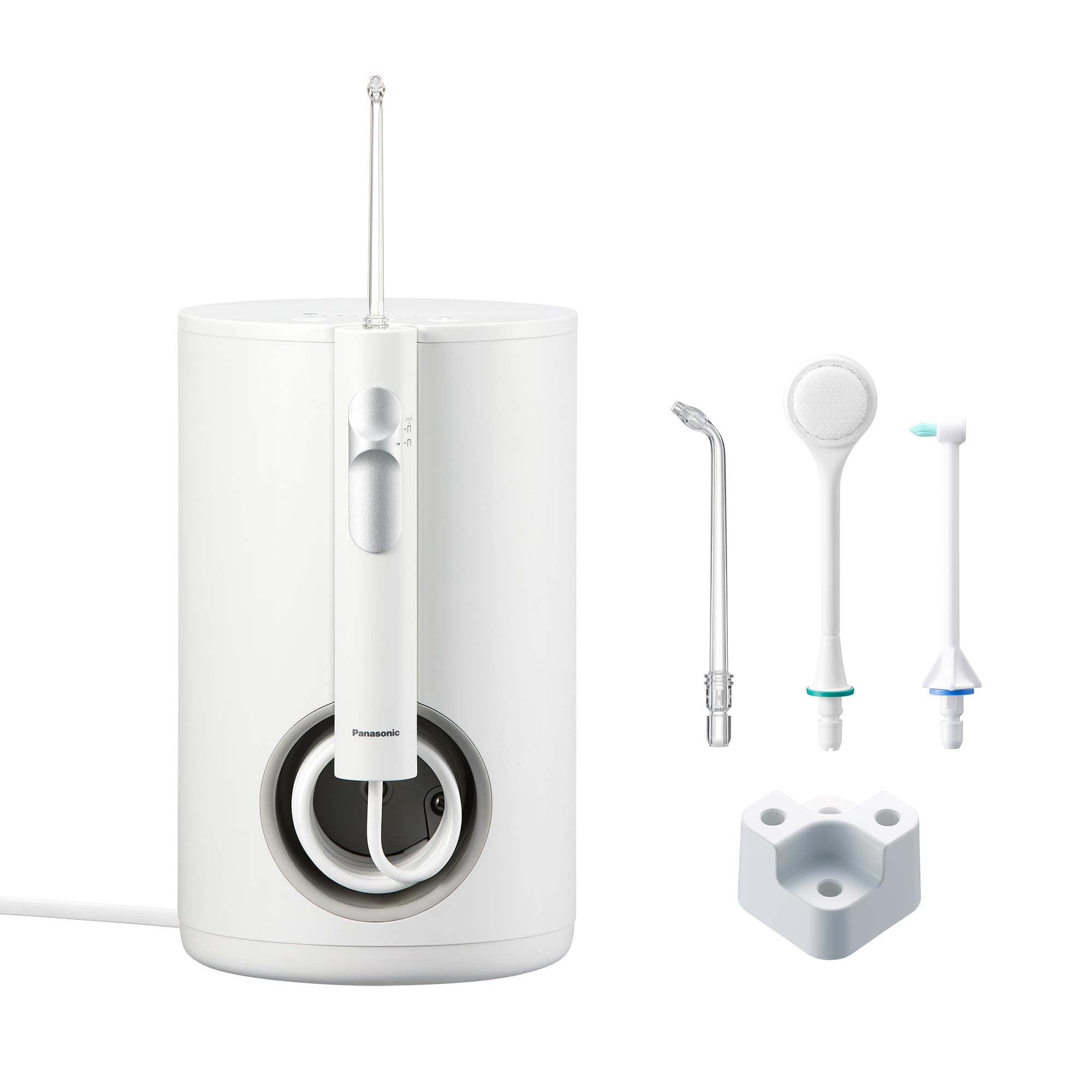 Panasonic EW1614AW503-PACK Hydropulseur Bucco-Dentaire Familial, Jet Ultrasonique, Mode Enfant, 10 Réglages de Pression, IPX7, Orthodontiques, 5 buses, Alimentation Secteur, Blanc