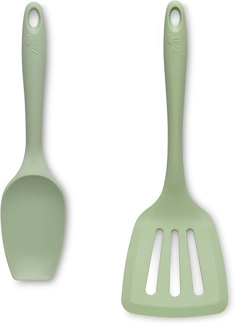 Zeal JSET12G Non-Stick Silicone Large Spatula Spoon & Turner 2-Piece Set-Sage Green