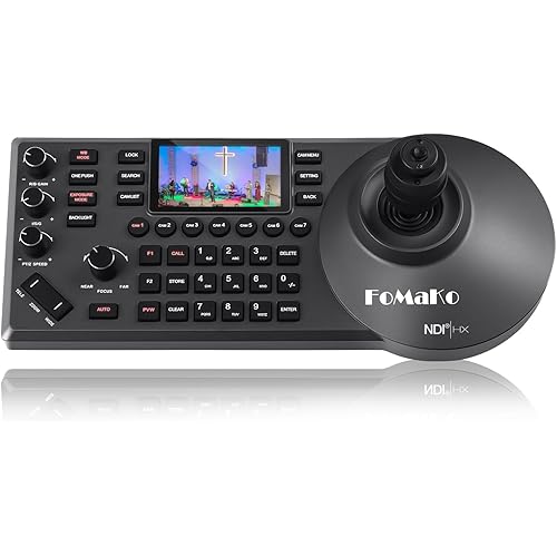 FoMaKo KC608 Pro NDI PTZ Camera Controller (Black) – PoE Powered, Built-in LCD Preview, 4D Precision Joystick, NDI Technology, Ergonomic Wrist Rest Design, for Church Live Streaming & Education.