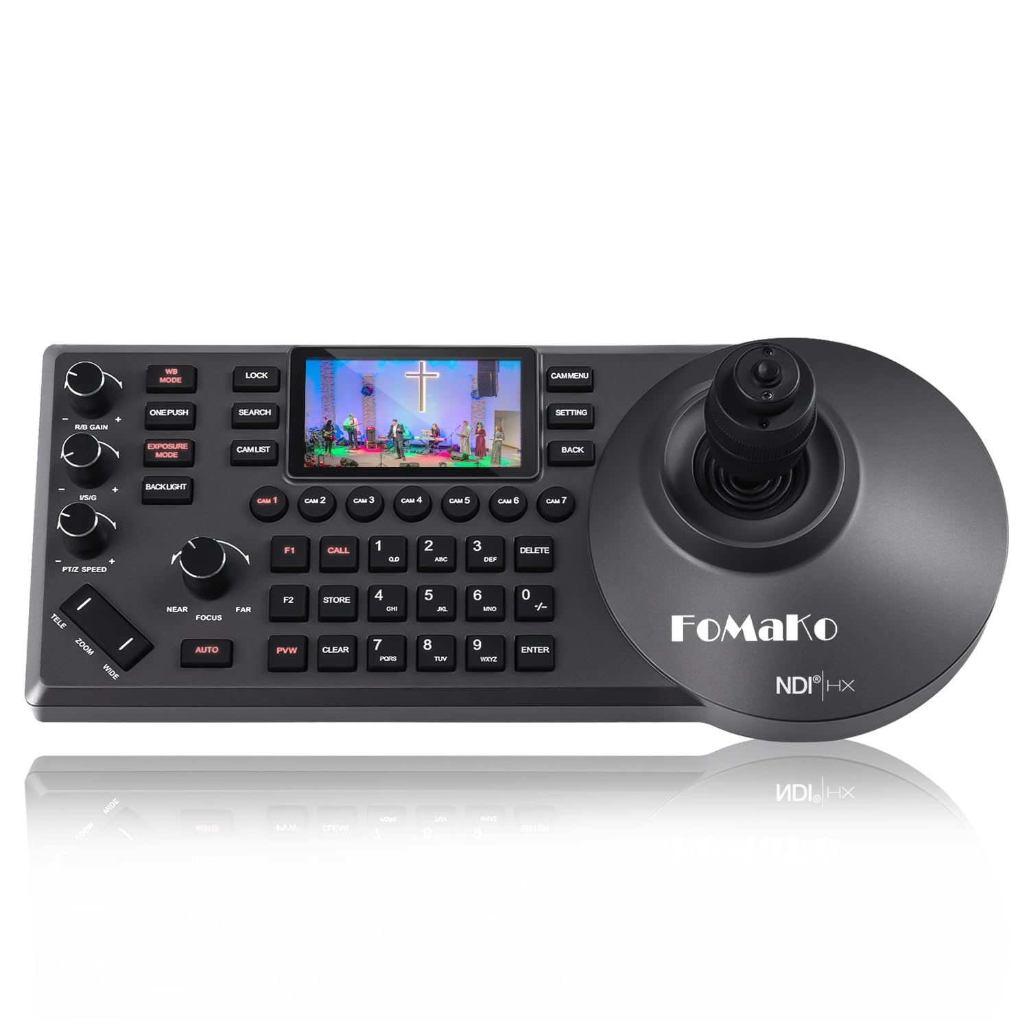 FoMaKo NDI PTZ Controller, PoE, LCD Screen Preview, 4D Joystick NDI PTZ Camera Controller for Church Live Service Education (NDI License Included) (KC608 Pro) Black Color