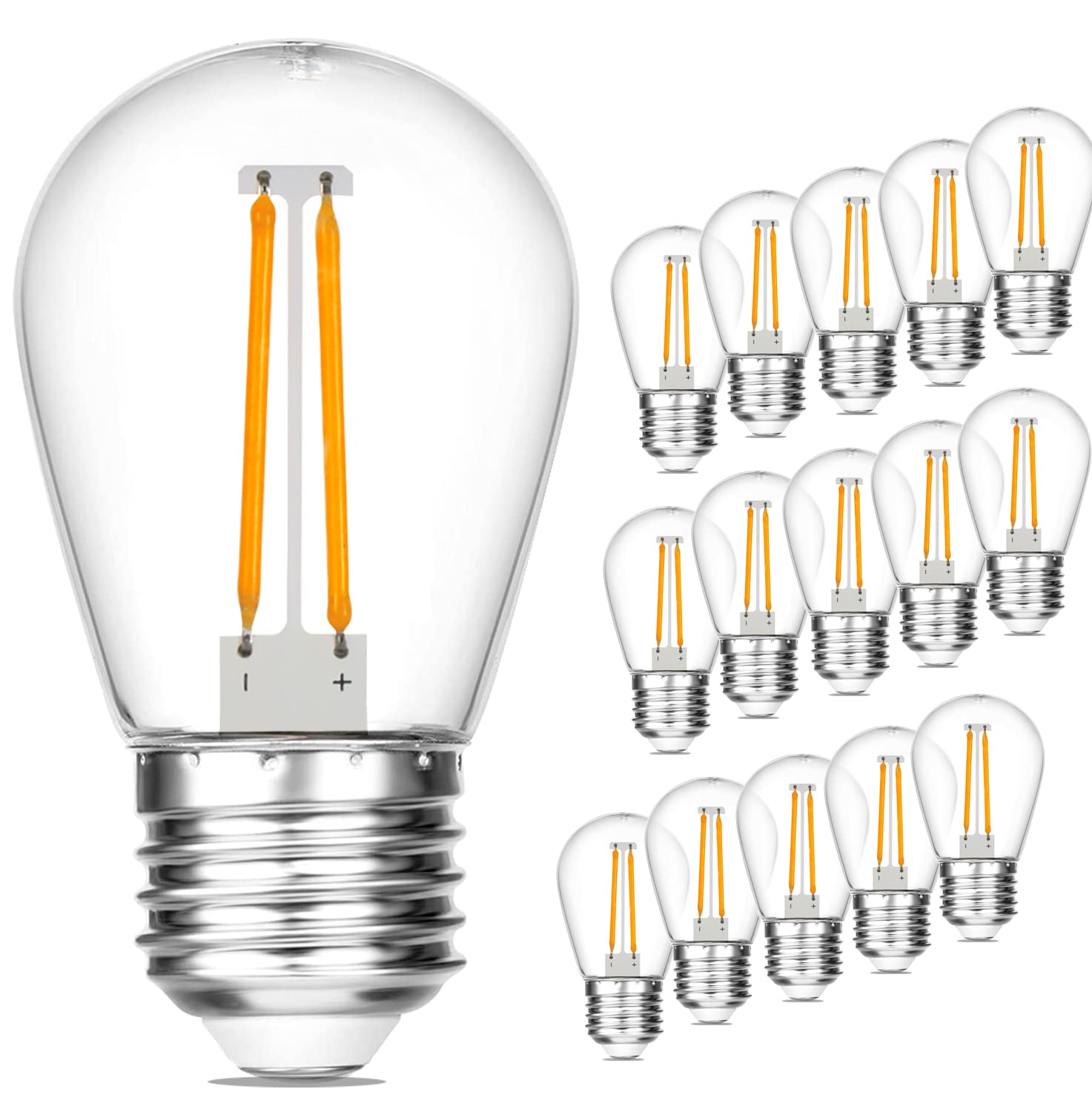 S14 2W LED Filament Bulbs, 2200K Warm White Plastic Edison Bulb Equivalent to 40W, 130LM E27 Base for Waterproof Outdoor String Lights Bulb Replacement, 15 Pack