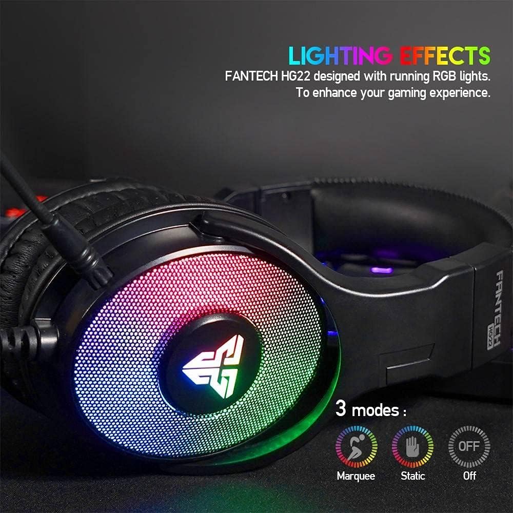 FANTECH HG22 headset earcup displaying RGB lighting effects with Marquee, Static, and Off modes