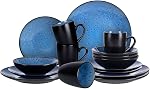 HomeVSS 16-Piece Porcelain Dinnerware Set with Reactive Glaze - Plates & Bowls Sets, 4 Deep Plates, Bowls, Mugs, Microwave & Dishwasher Safe, Stackable Art Tableware for Family- Capri Blue