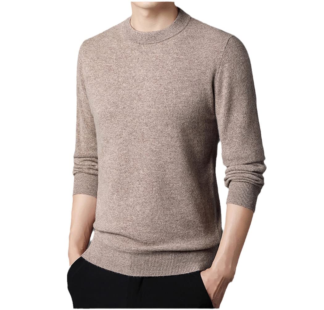 WEGUKRI Maglione 100% puro cachemire degli uomini, inverno rotondo collo blu addensato caldo maglione lavorato a maglia, Cammello, L