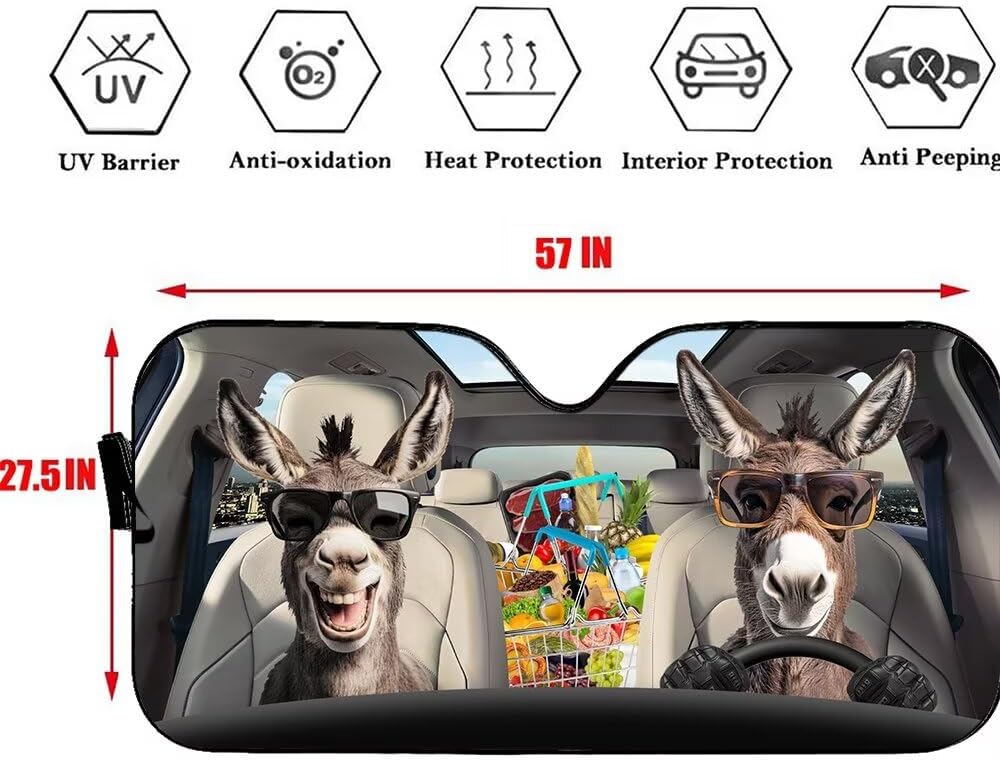 Animal Donkey Couple Shoping Car Front Windows Windshield Sun Shade Farm Auto Visor Shield, Funny Donkey Driver Car Accessories Foldable Sunshade for Truck Vas - 57 x 27.5 Inches