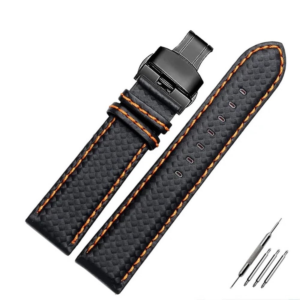 Bracelet montre en cuir motif carbone orange 23mm couture élégante