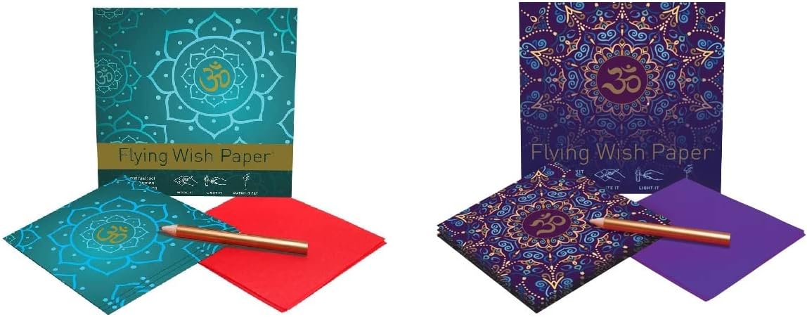 Flying Wish Paper Combo Pack, Golden Om + Purple Om, Mini Kit Combos, Write it, Light it, Watch it Fly, 2 x Mini Kits - 5" x 5" Each