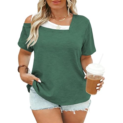 VISLILY Womens-Plus-Size-Summer-Tops Trendy Color Block T Shirts Casual Cold Shoulder Tunics Cute Short Sleeve Blouses XL-5XL