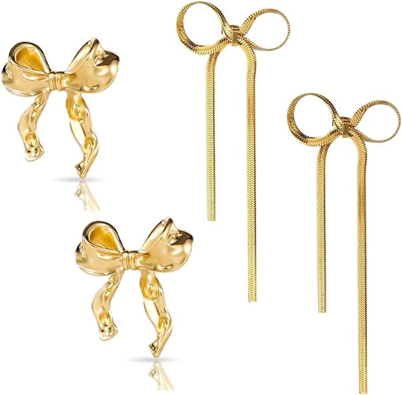2 Pairs Gold Bow Earrings for Women, Bow Drop Dangle Earrings, Tassel Earrings, Cute Flower Bowknot Earrings, Ribbon Bow Stud Earrings Drop Earrings Fashion Jewelry for Women Girls