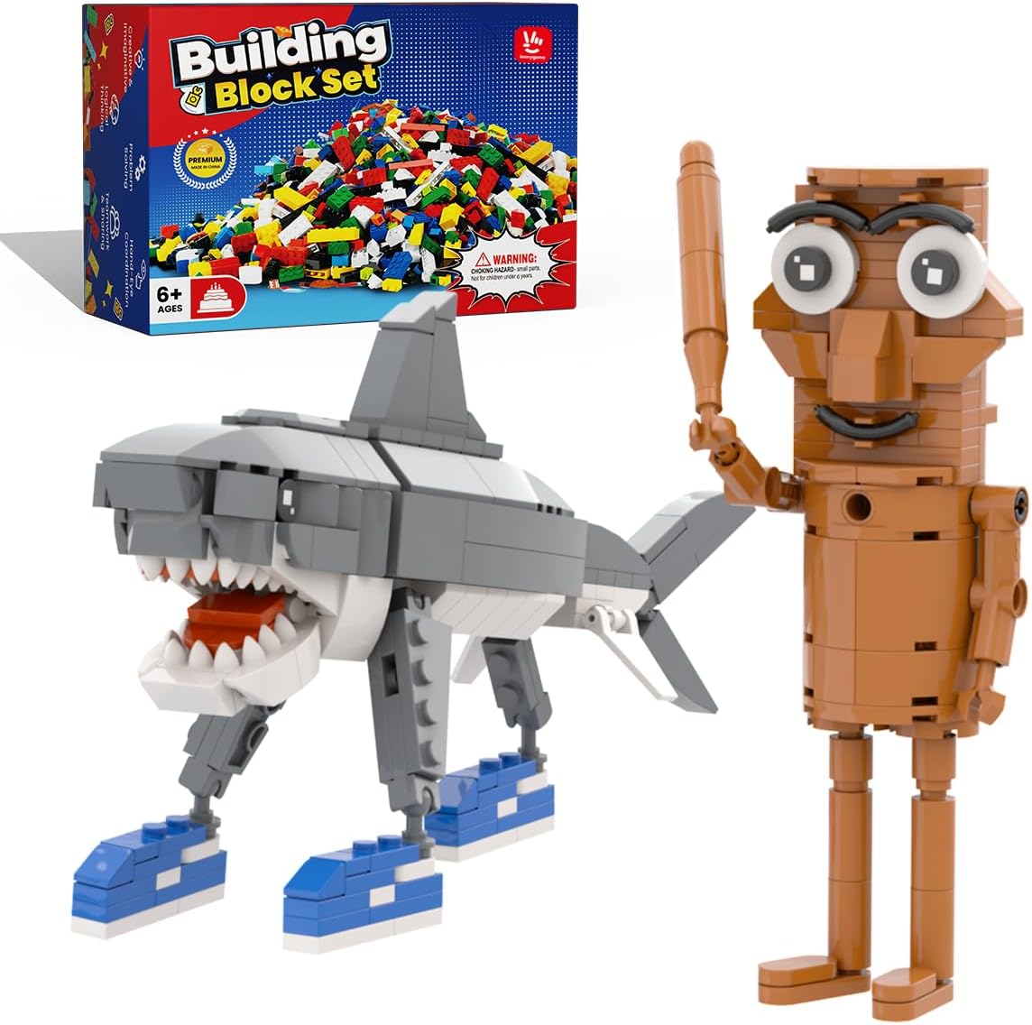 Italian Brainrot Building Set, Tralalero Tralala and Tung Tung Tung Sahur Figures Building Kit, Shark and Wooden Stick Toy Building for Kids Ages 6+, Birthday Gifts for Men & Women