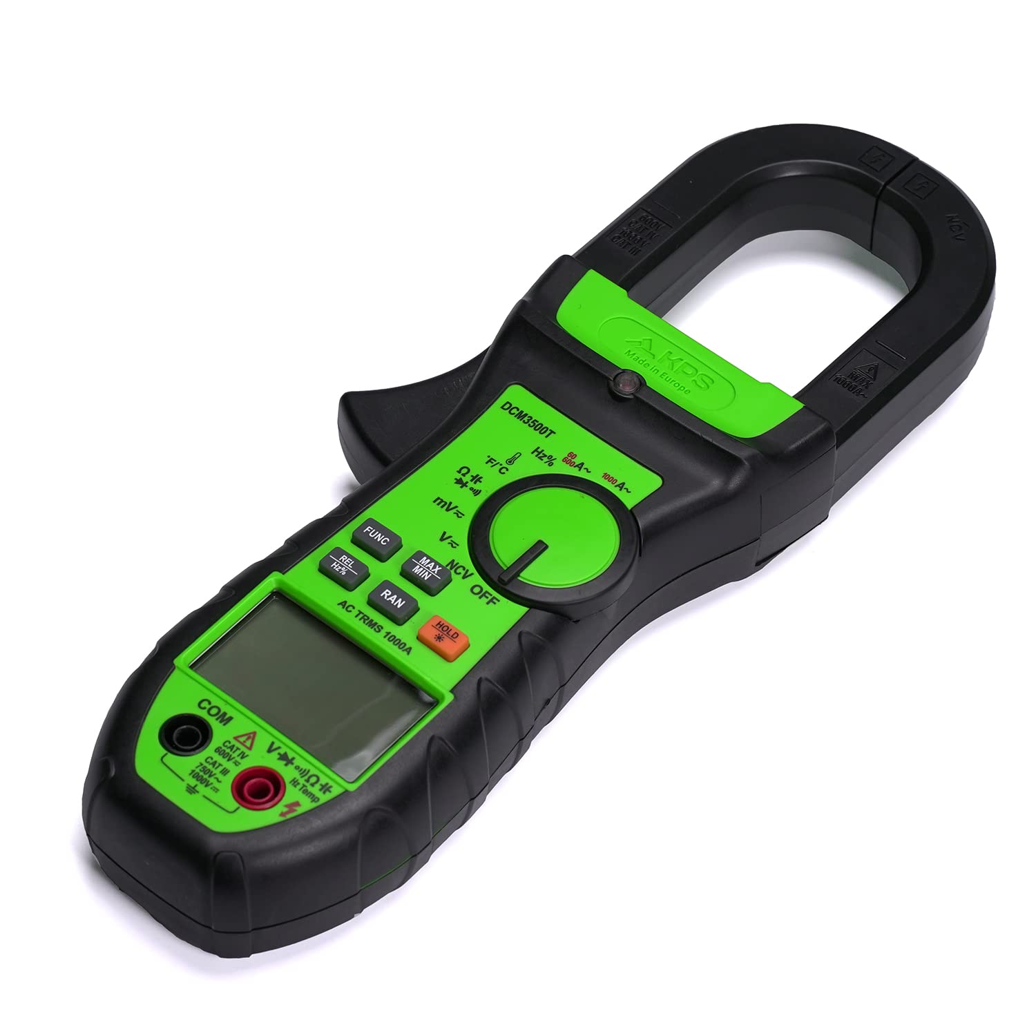 KPS-DCM3500T Pinza Amperimétrica Profesional Corriente AC TRMS 1000A Tension DC:1000V AC:750V Resistencia Frecuencia Hz/Duty/% Capacitancia y Temperatura 6000 Cuentas NCV CAT.IV