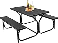 Vista 11 de GYMAX Mesa de pícnic, banco de picnic fácil de montar con mesa de grano de madera para todo tipo de clima y marco de metal, mesas de picnic