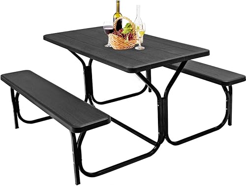 GYMAX Mesa de pícnic, banco de picnic fácil de montar con mesa de grano de madera para todo tipo de clima y marco de metal, mesas de picnic para