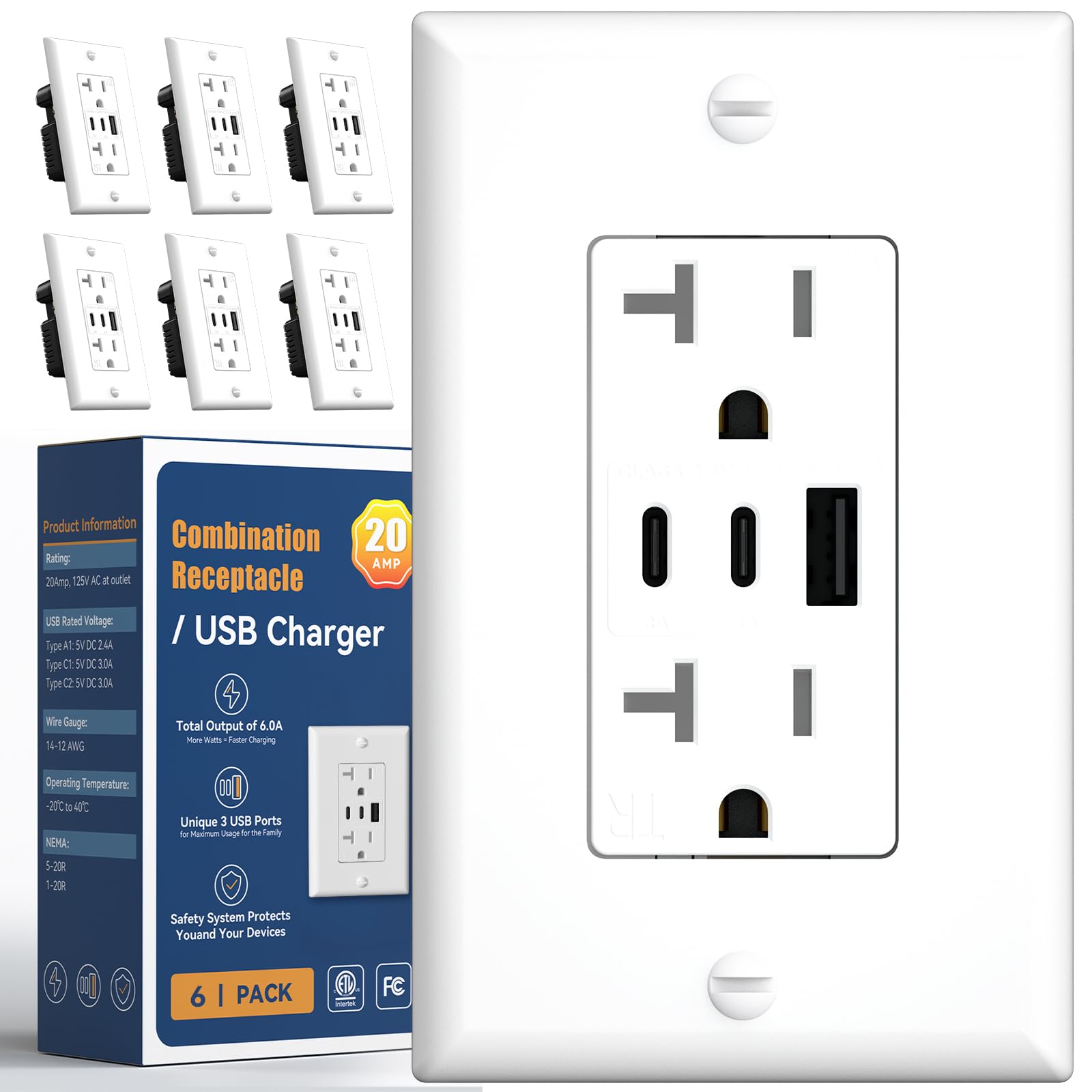 Amico Lot de 6 prises USB 6,0 A, prises murales à 3 ports 30 W avec 2 prises de type C et 1 prise de type A, prise de courant 20 A, prise inviolable, plaque murale incluse, homologuée ETL, blanc