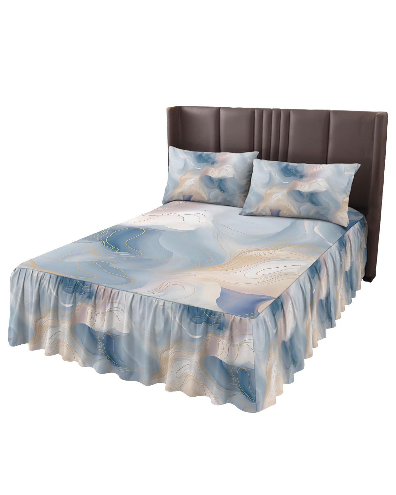 Ruffle Skirt Bedspread for Twin XL Size Bed Abstract Ombre Blue Marble 2 Piece Bedding Cover with Pillow Sham,18In Drop Bedskirt Coverlet Bedroom Dorm