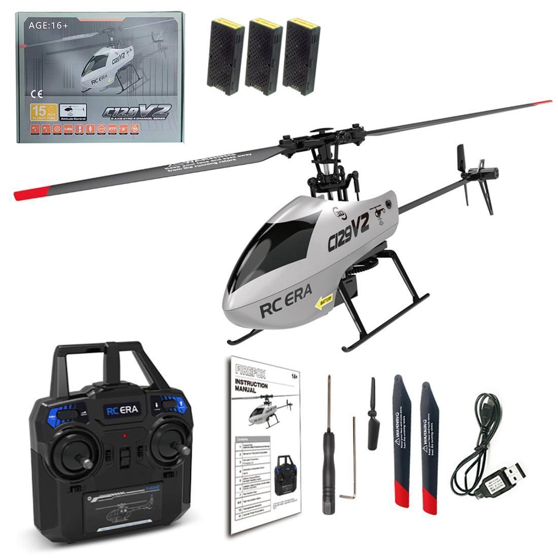 SpedUpX C129 V2 Rc Era Helicopter, 4CH Flybarless Micro Remote Control Helicopter with 6-Axis Gyro, 2.4GHz RC Aircraft with 3D Flips, Altitude Hold, One Key Take Off/Landing - 3 Battery