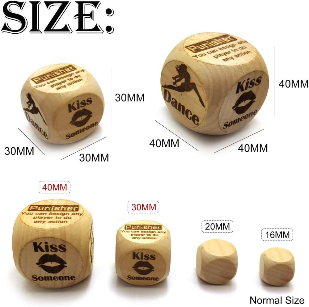 Creative Wooden Playing Dice Set Party Pack Dice Game Entertaining Rolling Wood Cube Dices for Fun Adult Drunk Frenzy Party 2PCS(L-40MM)