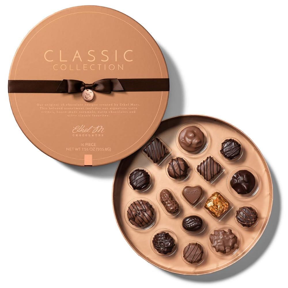 Chocolates Classic Collection 16 Pieces Premium Milk and Dark Chocolate Assortment in Round Copper Gift Box - Chewy Caramel, Macadamia, Pecan, Almond, Vanilla
