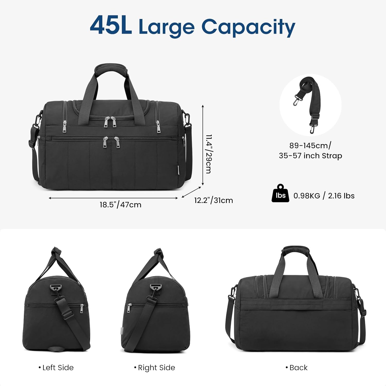G4Free 45L Travel Duffle Bag for Women Men 3 in 1 Duffel Bags with Shoes Compartment Gym Backpack for Weekender Overnight, Black - Image 6