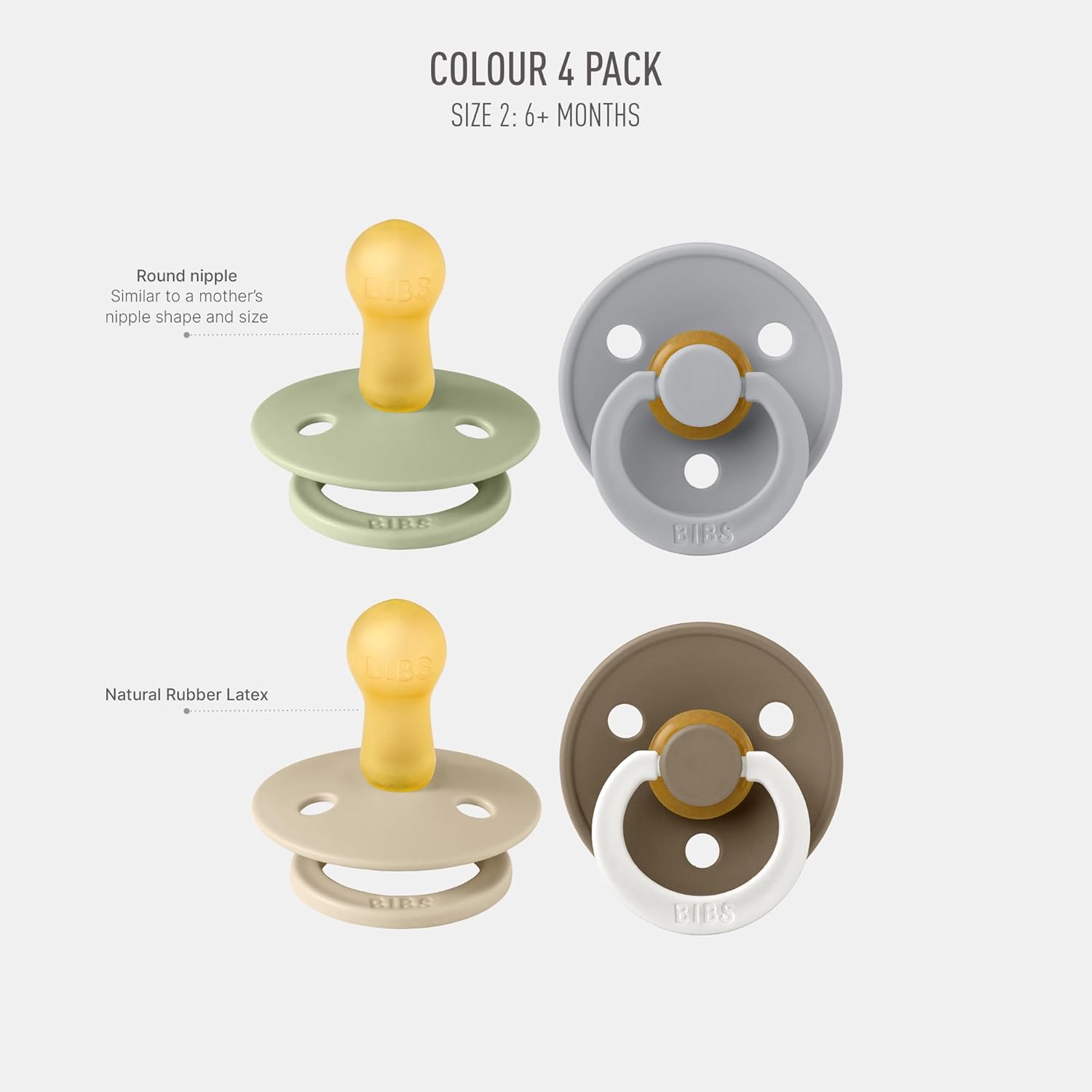 BIBS Colour Soother 4-Pack | BPA Free Dummy Pacifier | Round Nipple | Natural Rubber Latex | Made in Denmark | Size 6-18 Months | Vanilla Glow Mix