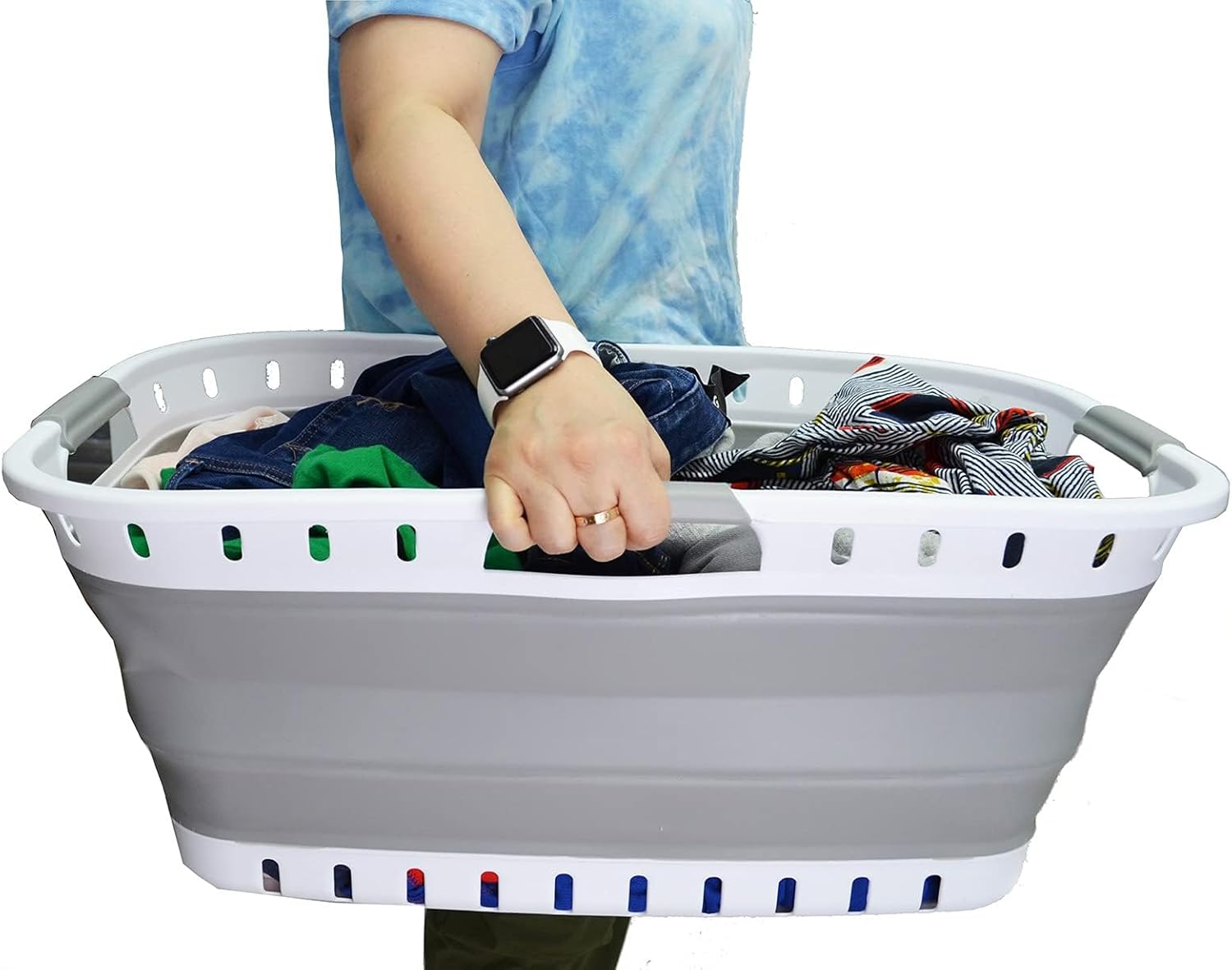 SAMMART 44L (11.62 gallons) Collapsible Plastic Laundry Basket - Foldable Laundry Hamper-Portable Storage Container/Organizer - Pop Up Saving (White/Grey)